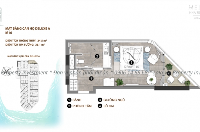 Layout căn hộ Melia Nha Trang - Deluxe A (Mã căn: M16)