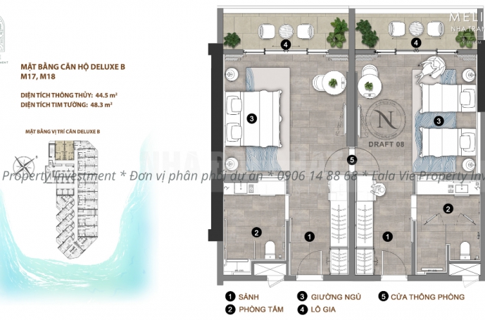 Layout căn hộ Melia Nha Trang - Deluxe B (Mã căn: M17, M18)