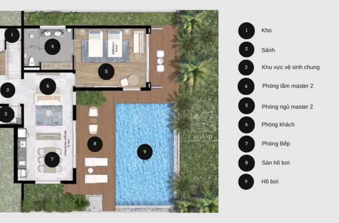 Mặt bằng tầng 1 biệt thự 2 phòng ngủ (loại lớn)