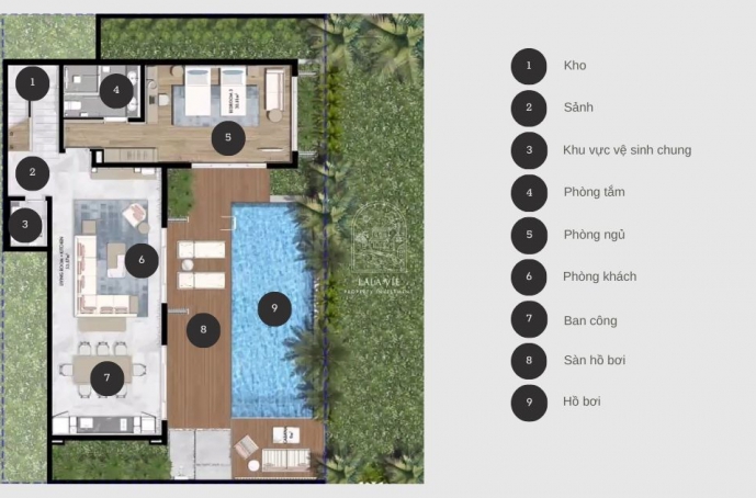 Mặt bằng tầng 1 biệt thự 3 phòng ngủ