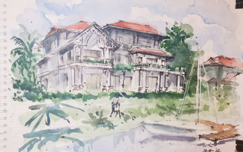 Bức tranh phác họa hình ảnh biệt thự Sunneva Island do kiến trúc sư quản lý và thiết kế dự án vẽ